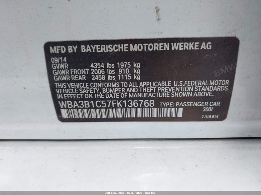 2015 BMW 3er VIN WBA3B1C57FK136768 IAAI salvage auction — LEFT FRONT, Rebuildable (Florida), sold $850 on 2026-08-13 (photo 9)
