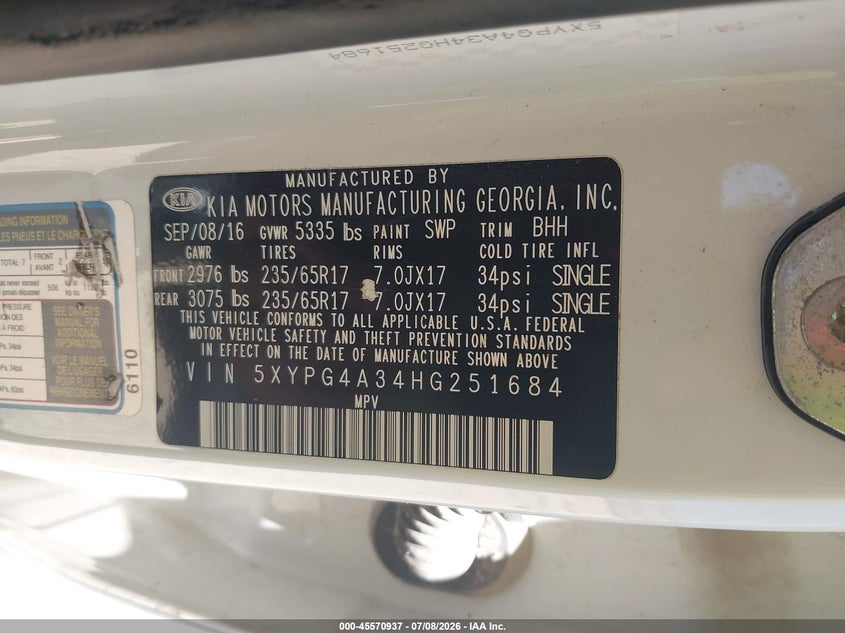 2017 Kia Sorento VIN 5XYPG4A34HG251684 IAAI salvage auction — NORMAL WEAR, Original (Texas), sold $1,425 on 2026-07-16 (photo 9)