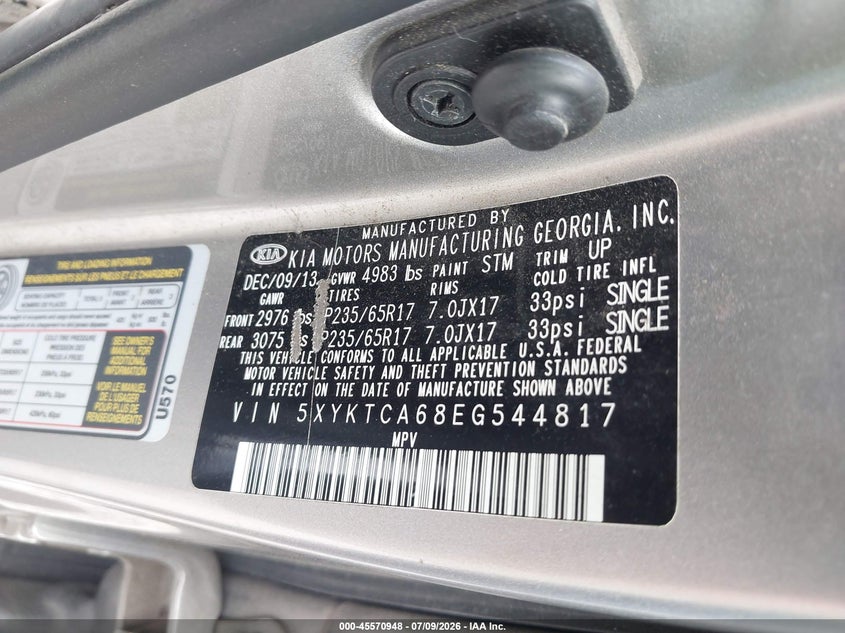 2014 Kia Sorento VIN 5XYKTCA68EG544817 IAAI salvage auction — RIGHT SIDE, Nrc Lienholder Repossession Paperwork (Georgia), sold $375 on 2026-07-28 (photo 9)