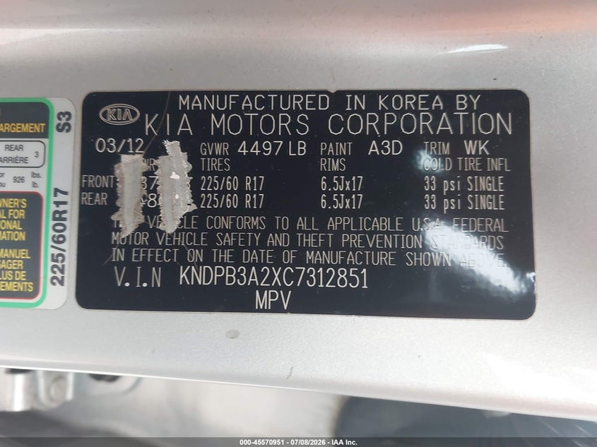 2012 Kia Sportage VIN KNDPB3A2XC7312851 IAAI salvage auction — SIDE, Salvage (Pennsylvania), sold $2,350 on 2026-07-21 (photo 9)