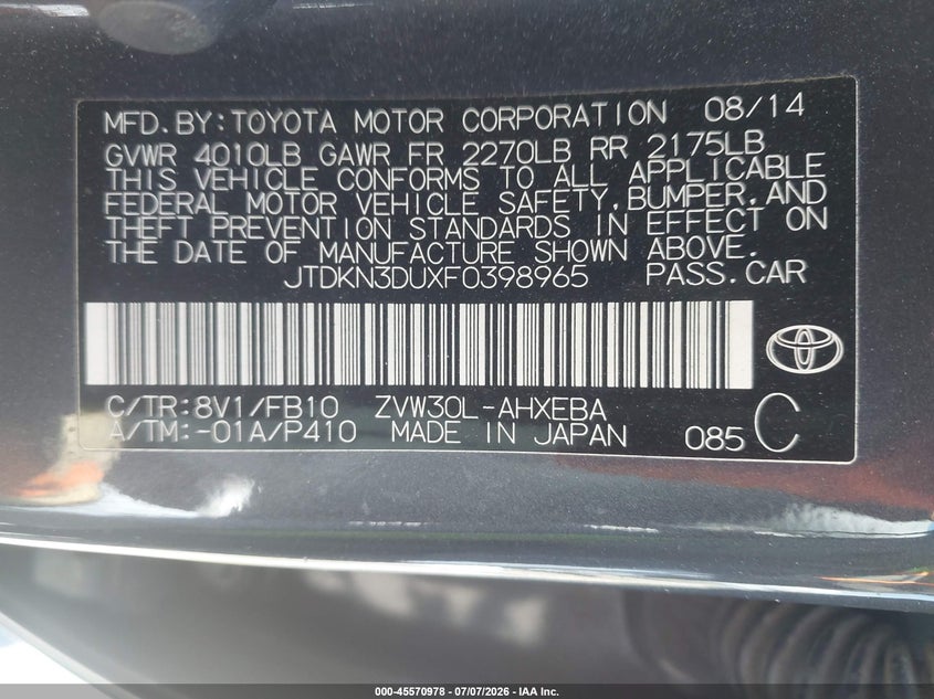 2015 Toyota Prius VIN JTDKN3DUXF0398965 IAAI salvage auction — REAR END, Salvage Title, sold $1,025 on 2026-07-28 (photo 9)