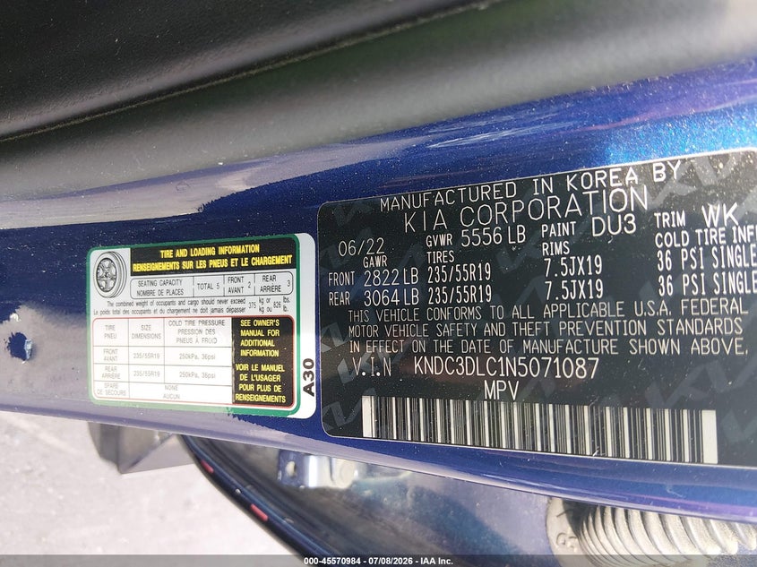2022 Kia Ev6 VIN KNDC3DLC1N5071087 IAAI salvage auction — FRONT END, Salvage (North Carolina), sold $7,875 on 2026-08-19 (photo 9)