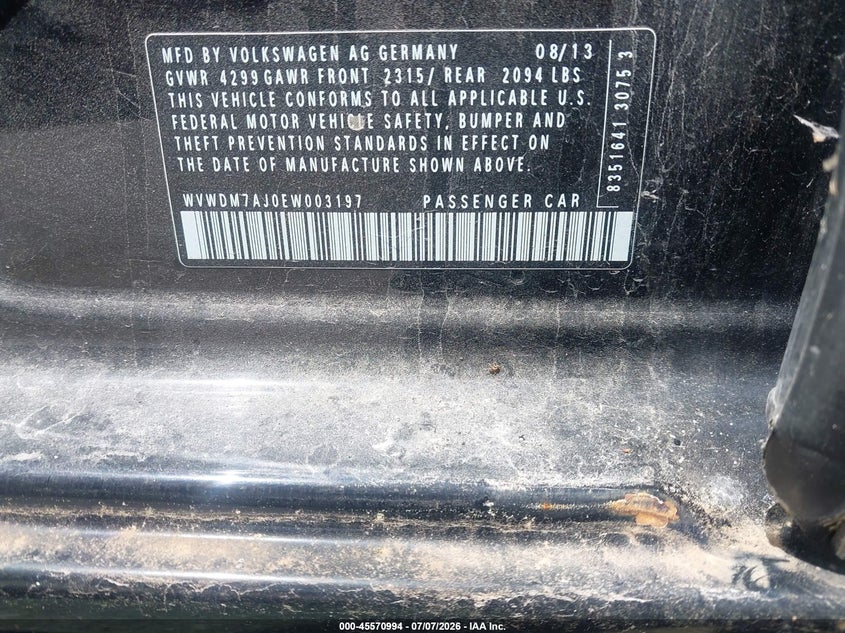 2014 Volkswagen Golf VIN WVWDM7AJ0EW003197 IAAI salvage auction — NORMAL WEAR, Clear (Missouri), sold $1,100 on 2026-07-29 (photo 9)