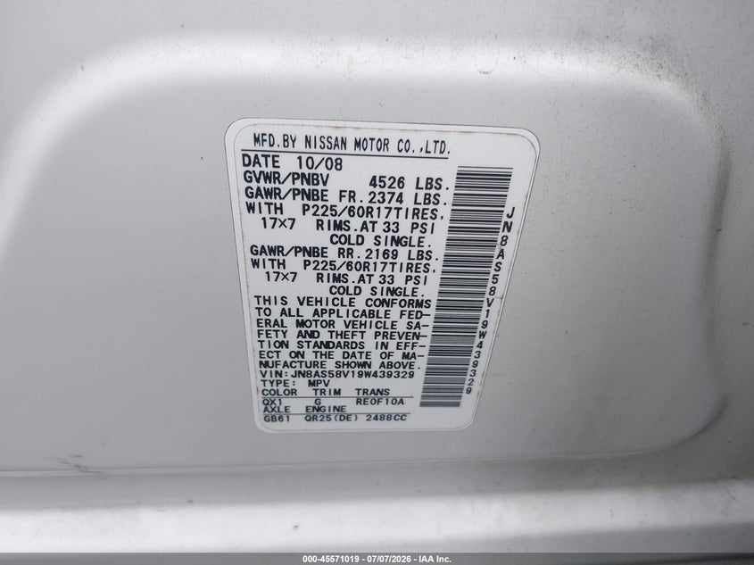 2009 Nissan Rogue VIN JN8AS58V19W439329 IAAI salvage auction — NORMAL WEAR, Clear (Virginia), sold $275 on 2026-07-29 (photo 9)