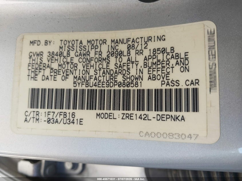 2013 Toyota Corolla VIN 5YFBU4EE9DP080581 IAAI salvage auction — NORMAL WEAR, Clear - Dealer Only (California), sold $1,200 on 2026-07-22 (photo 9)