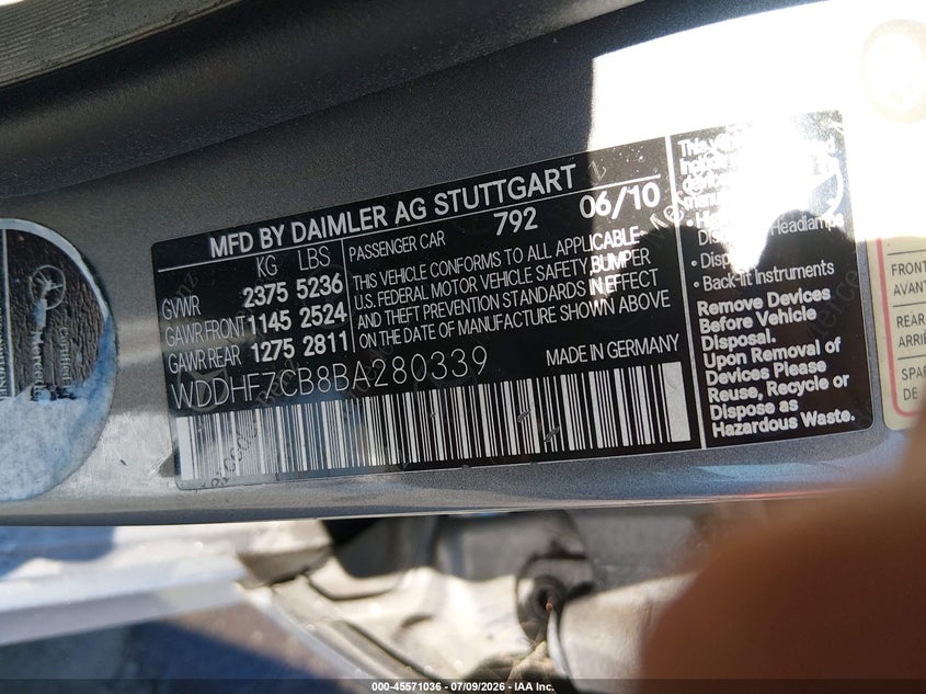 2011 Mercedes-benz E-klasse VIN WDDHF7CB8BA280339 IAAI salvage auction — FRONT END, Salvage (North Carolina), sold $2,850 on 2026-08-20 (photo 9)