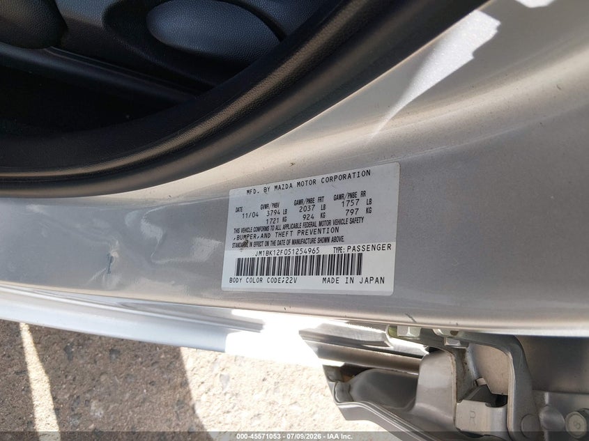 2005 Mazda 3 VIN JM1BK12F051254965 IAAI salvage auction — NORMAL WEAR, Clear (Arizona), sold $475 on 2026-07-28 (photo 9)
