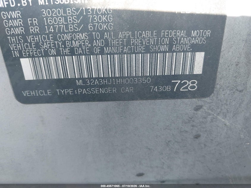 2017 Mitsubishi Mirage VIN ML32A3HJ1HH003350 IAAI salvage auction — NORMAL WEAR, Original (Texas), sold $25 on 2026-07-27 (photo 9)