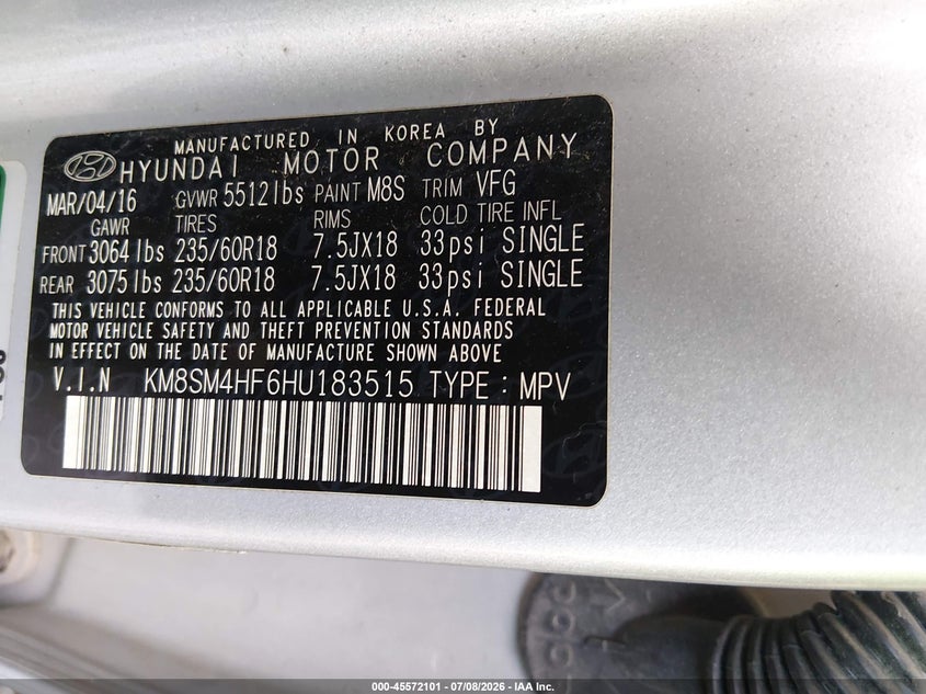 2017 Hyundai Santa fe VIN KM8SM4HF6HU183515 IAAI salvage auction — SIDE, Salvage (Louisiana), sold $800 on 2026-07-26 (photo 9)