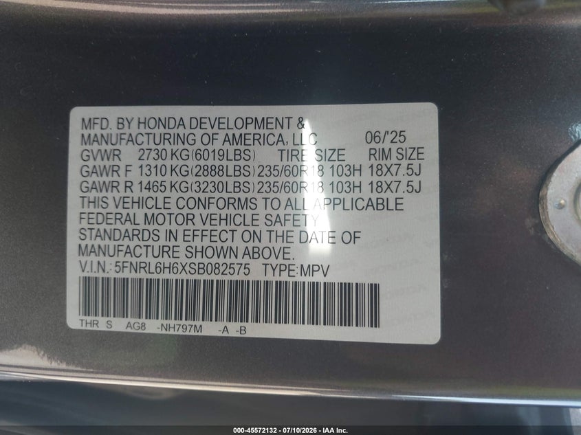 2025 Honda Odyssey VIN 5FNRL6H6XSB082575 IAAI salvage auction — REAR END, Enterprise Vehicles Clear Only (Colorado), sold $19,900 on 2026-07-29 (photo 9)