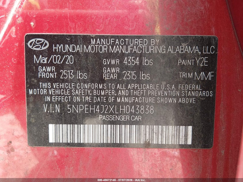 2020 Hyundai Sonata VIN 5NPEH4J2XLH043838 IAAI salvage auction — SIDE, Salvage Title, sold $3,500 on 2026-07-31 (photo 9)