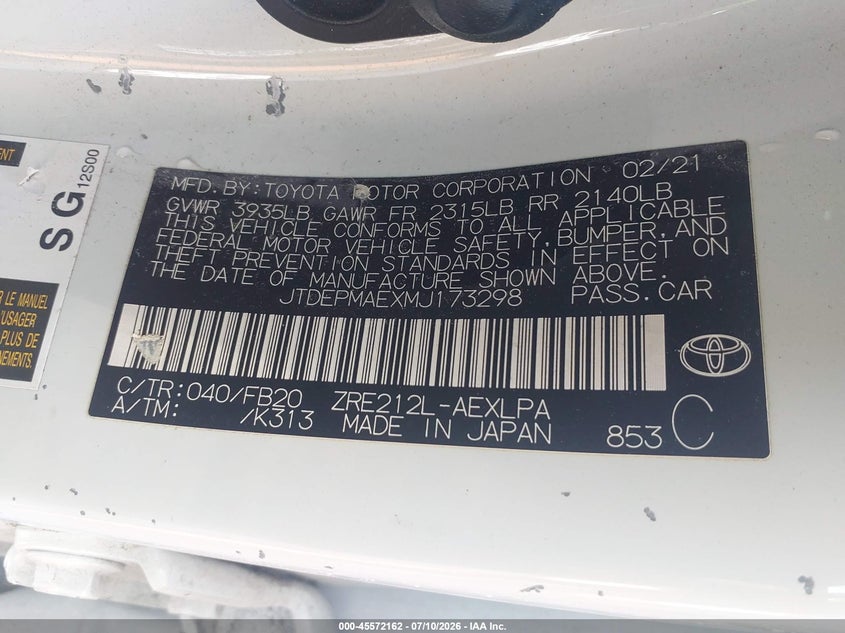 2021 Toyota Corolla VIN JTDEPMAEXMJ173298 IAAI salvage auction — FRONT END, Clear (New Jersey), sold $9,000 on 2026-07-29 (photo 9)