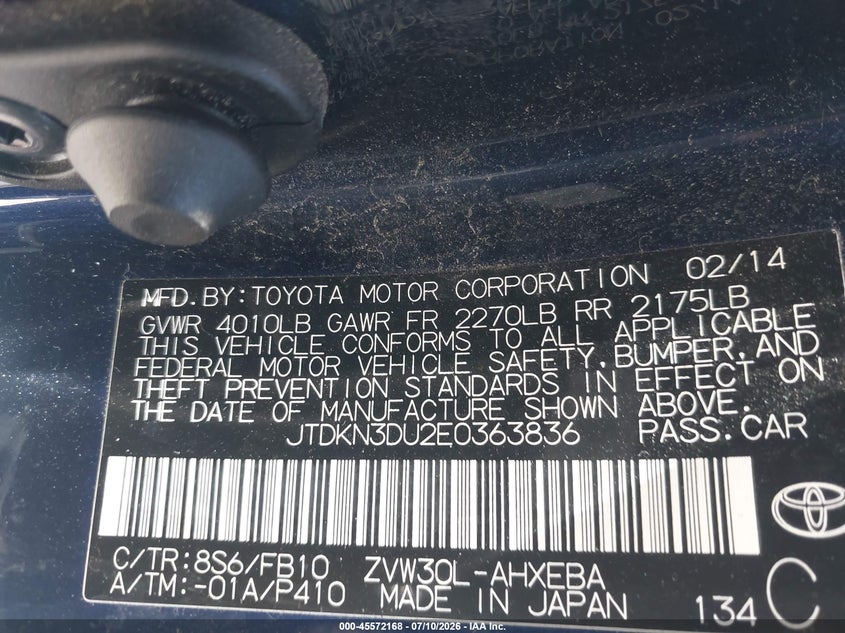 2014 Toyota Prius VIN JTDKN3DU2E0363836 IAAI salvage auction — SIDE, Salvage (California), sold $2,150 on 2026-07-16 (photo 9)