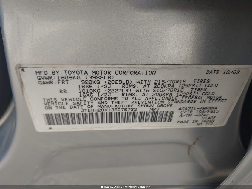 2003 Toyota Rav4 VIN JTEHH20V136076732 IAAI salvage auction — NORMAL WEAR, Clear (Georgia), sold $1,500 on 2026-07-14 (photo 9)