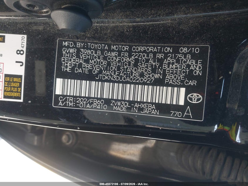 2010 Toyota Prius VIN JTDKN3DU0A0220927 IAAI salvage auction — SIDE, Salvage (California), sold $1,650 on 2026-07-19 (photo 9)