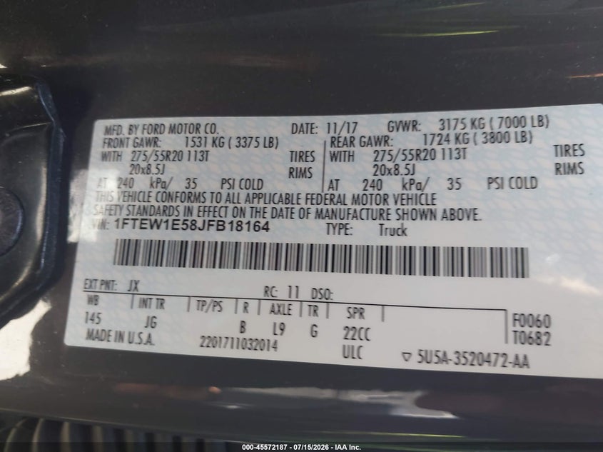 2018 Ford F-150 VIN 1FTEW1E58JFB18164 IAAI salvage auction — LEFT SIDE, Salvage (California), sold $9,600 on 2026-07-31 (photo 9)
