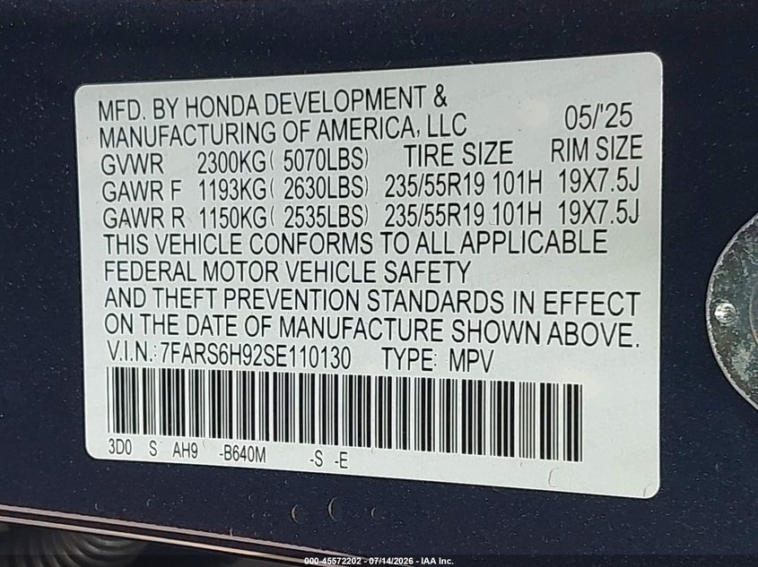 2025 Honda Cr-v VIN 7FARS6H92SE110130 IAAI salvage auction — THEFT, Junk (New Jersey), sold $16,100 on 2026-07-20 (photo 9)