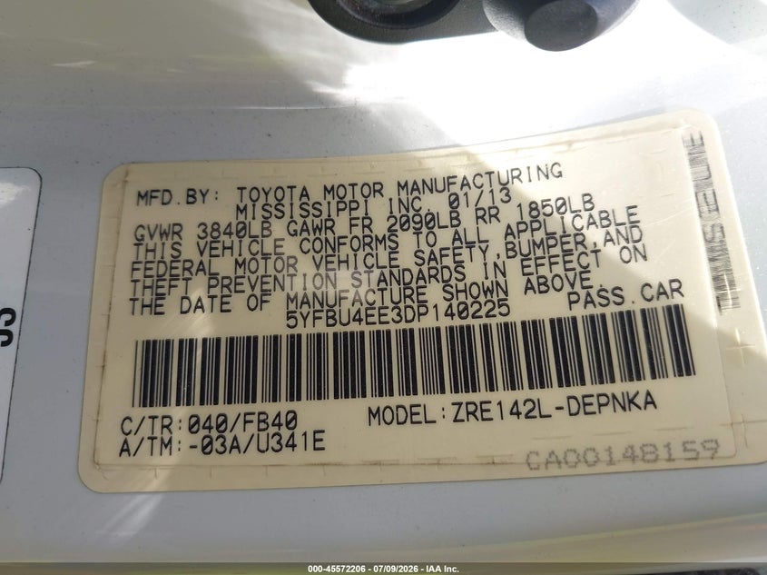 2013 Toyota Corolla VIN 5YFBU4EE3DP140225 IAAI salvage auction — REAR END, Salvage Title, sold $1,950 on 2026-07-20 (photo 9)