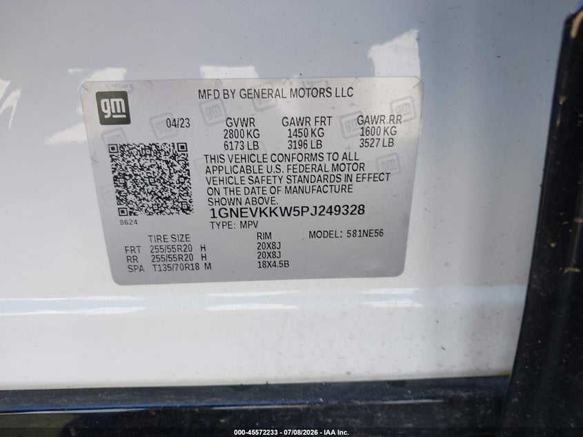 2023 Chevrolet Traverse VIN 1GNEVKKW5PJ249328 IAAI salvage auction — ROOF, Mv-907A (New York), sold $7,800 on 2026-07-30 (photo 9)
