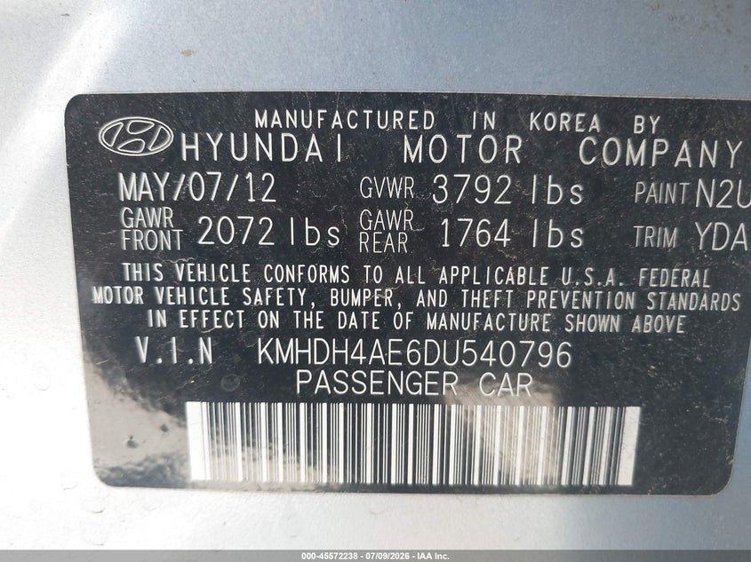 2013 Hyundai Elantra VIN KMHDH4AE6DU540796 IAAI salvage auction — THEFT, Salvage (Arizona), sold $1,200 on 2026-07-28 (photo 9)