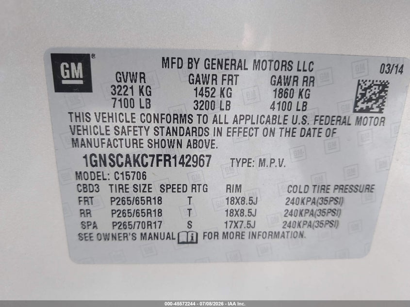 2015 Chevrolet Tahoe VIN 1GNSCAKC7FR142967 IAAI salvage auction — REAR END, Salvage Title, sold $2,350 on 2026-07-23 (photo 9)