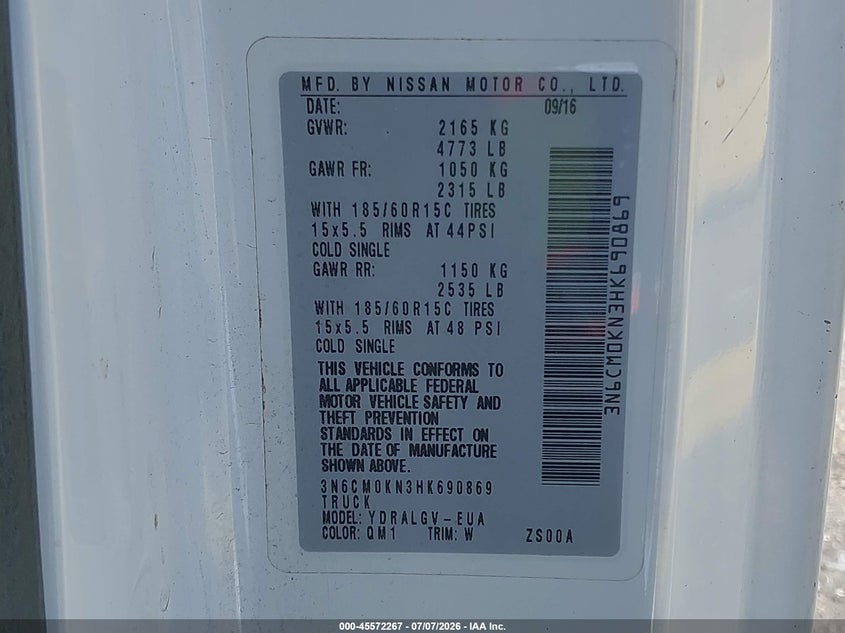 2017 Nissan Nv200 VIN 3N6CM0KN3HK690869 IAAI salvage auction — RIGHT SIDE, Salvage (Florida), sold $1,550 on 2026-07-18 (photo 9)