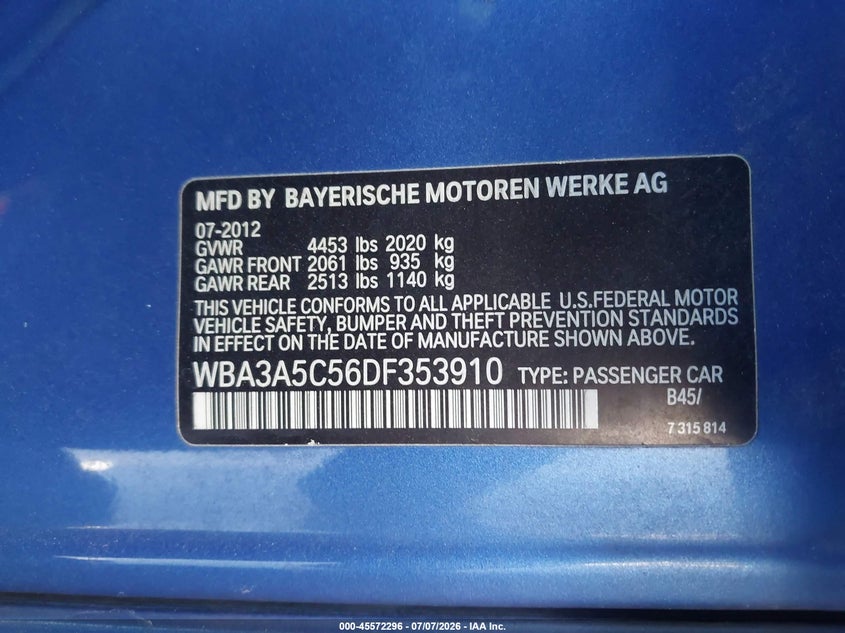2013 BMW 3er VIN WBA3A5C56DF353910 IAAI salvage auction — RIGHT FRONT, Salvage Title, sold $1,100 on 2026-08-12 (photo 9)