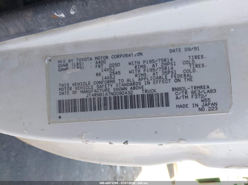 1992 Toyota Pickup VIN JT4RN81A7N0090432 IAAI salvage auction — LEFT FRONT, Salvage (California), sold $850 on 2026-07-29 (photo 9)