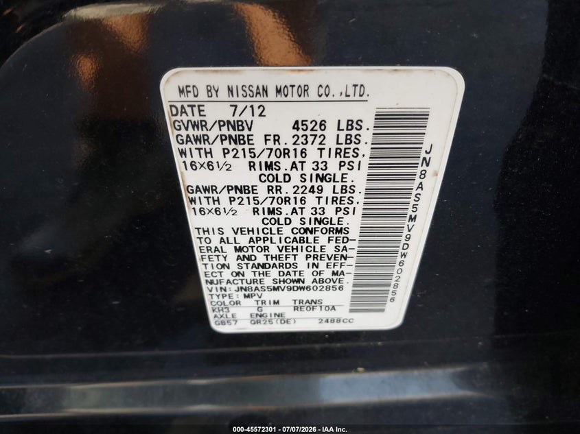 2013 Nissan Rogue sport VIN JN8AS5MV9DW602856 IAAI salvage auction — NORMAL WEAR, Clear (Virginia), sold $750 on 2026-07-24 (photo 9)