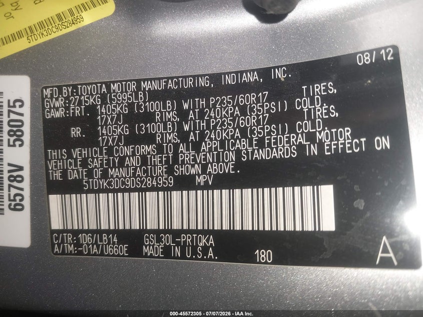 2013 Toyota Sienna VIN 5TDYK3DC9DS284959 IAAI salvage auction — REAR END, Salvage (Arizona), sold $2,450 on 2026-07-28 (photo 9)