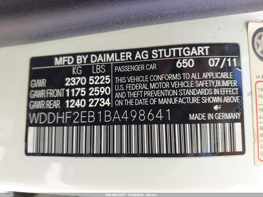 2011 Mercedes-benz E-class VIN WDDHF2EB1BA498641 IAAI salvage auction — NORMAL WEAR, Clear (Florida), sold $375 on 2026-07-30 (photo 9)
