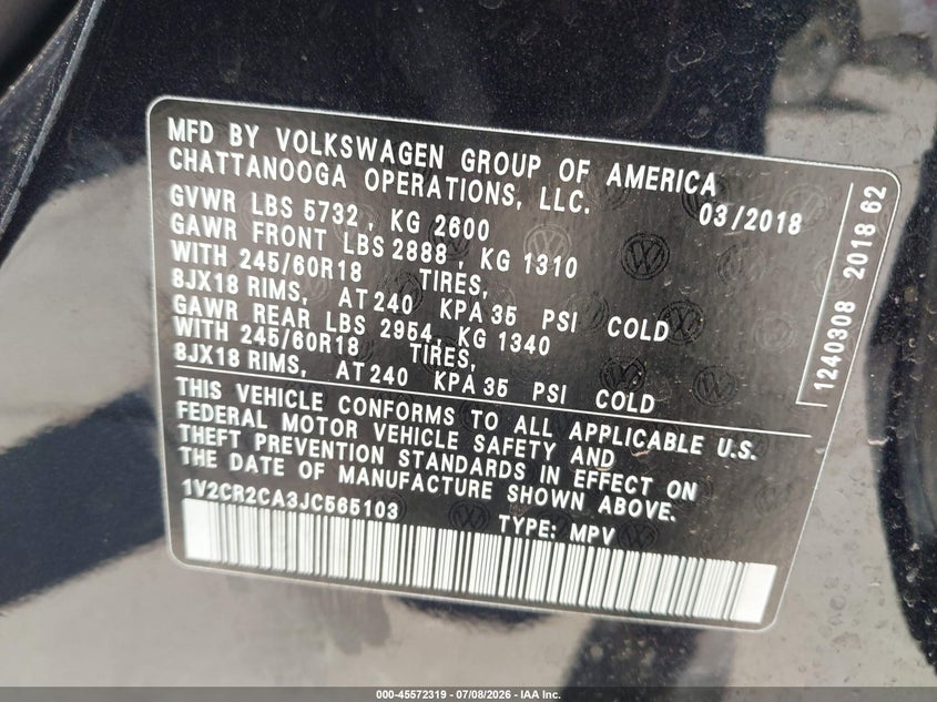 2018 Volkswagen Atlas VIN 1V2CR2CA3JC565103 IAAI salvage auction — SIDE, Wait Title, sold $3,500 on 2026-10-03 (photo 9)