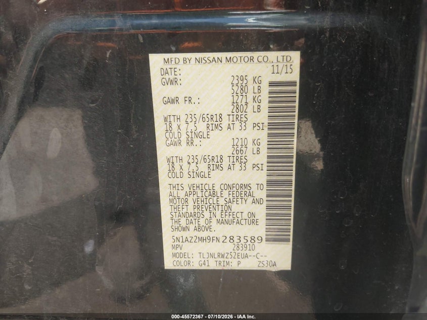 2015 Nissan Murano VIN 5N1AZ2MH9FN283589 IAAI salvage auction — REAR END, Salvage (Missouri), sold $2,900 on 2026-08-01 (photo 9)