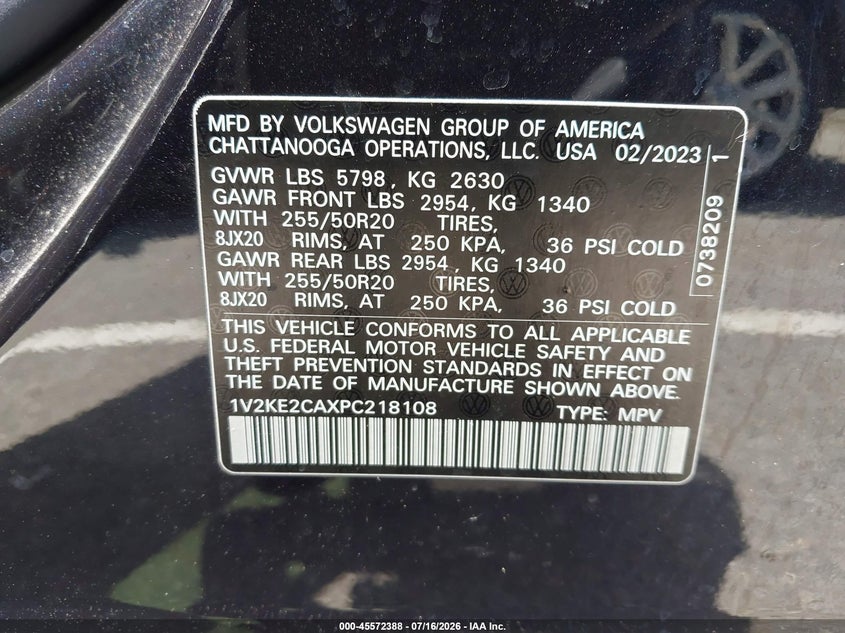2023 Volkswagen Atlas cross sport VIN 1V2KE2CAXPC218108 IAAI salvage auction — RIGHT REAR, Salvage (Louisiana), sold $12,500 on 2026-08-05 (photo 9)