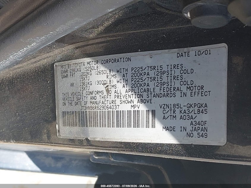 2002 Toyota 4runner VIN JT3HN86R629064037 IAAI salvage auction — NORMAL WEAR, Original (New Hampshire), sold $300 on 2026-07-29 (photo 9)