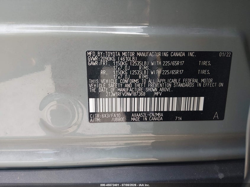 2022 Toyota Rav 4 VIN 2T3W1RFV0NW187368 IAAI salvage auction — WATER/FLOOD, Salvage Title, sold $9,900 on 2026-07-29 (photo 9)