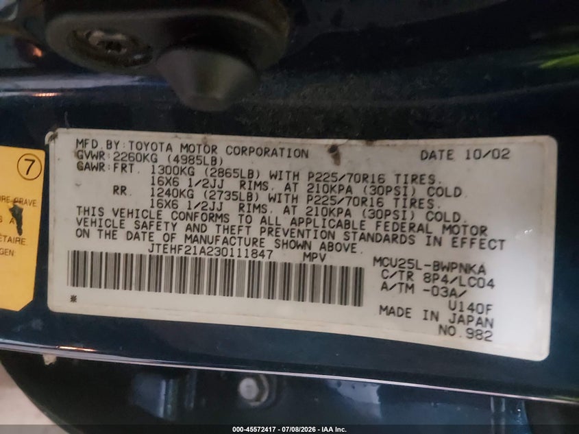 2003 Toyota Highlander VIN JTEHF21A230111847 IAAI salvage auction — NORMAL WEAR, Clear (Virginia), sold $350 on 2026-07-21 (photo 9)