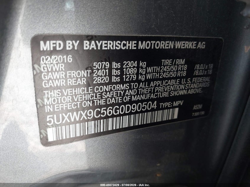 2016 BMW X3 VIN 5UXWX9C56G0D90504 IAAI salvage auction — FRONT END, Salvage (Ohio), sold $25 on 2026-07-29 (photo 9)