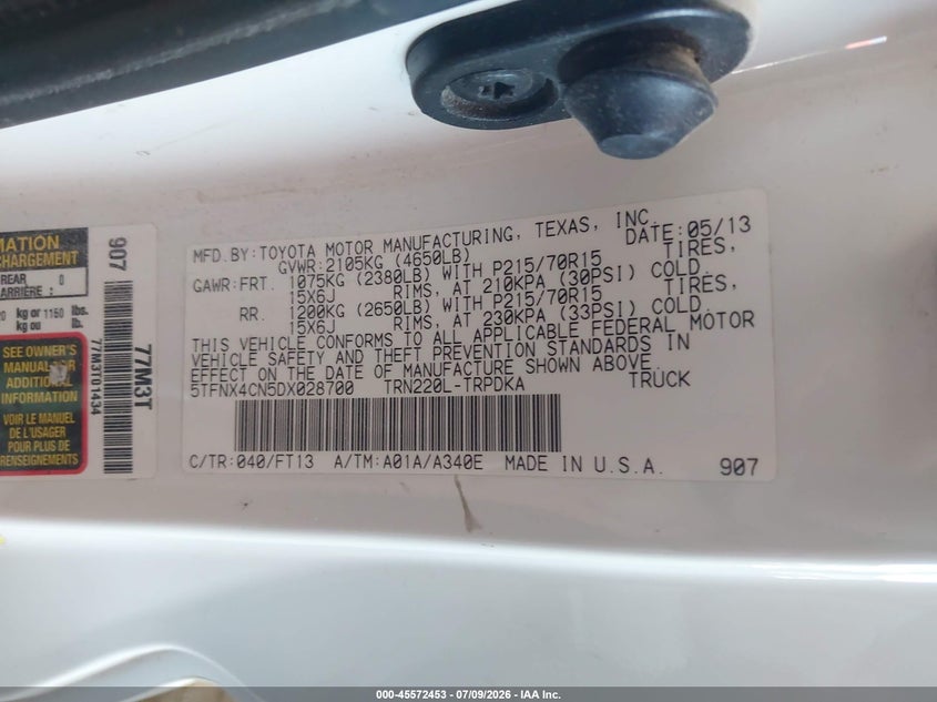 2013 Toyota Tacoma VIN 5TFNX4CN5DX028700 IAAI salvage auction — NORMAL WEAR, Clear (Arizona), sold $3,050 on 2026-07-28 (photo 9)