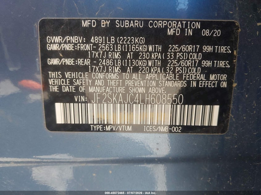 2020 Subaru Forester VIN JF2SKAJC4LH608550 IAAI salvage auction — FRONT END, Salvage (California), sold $3,600 on 2026-07-28 (photo 9)