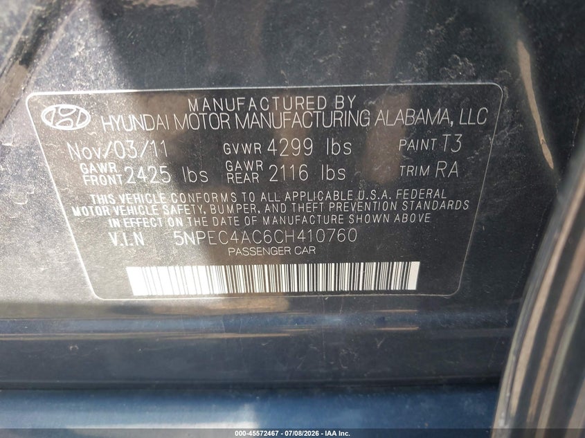 2012 Hyundai Sonata VIN 5NPEC4AC6CH410760 IAAI salvage auction — LEFT REAR, Salvage Title, sold $25 on 2026-07-28 (photo 9)