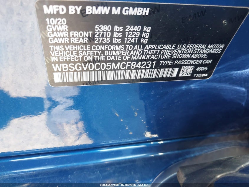 2021 BMW M8 VIN WBSGV0C05MCF84231 IAAI salvage auction — RIGHT FRONT, Salvage Title, sold $31,975 on 2026-08-10 (photo 9)