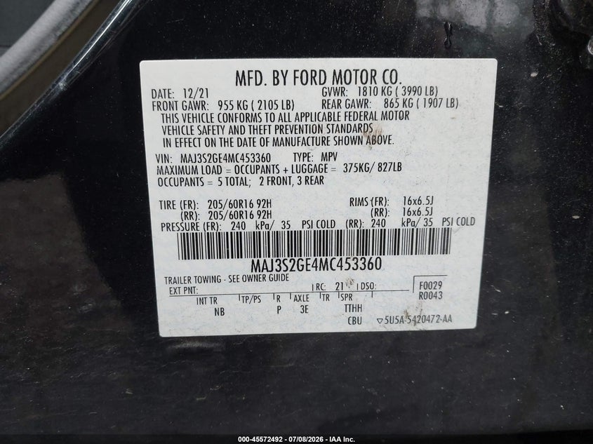 2021 Ford Ecosport VIN MAJ3S2GE4MC453360 IAAI salvage auction — FRONT & REAR, Salvage Title, sold $1,500 on 2026-08-01 (photo 9)