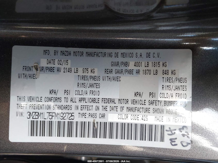 2015 Mazda 3 VIN 3MZBM1L75FM192725 IAAI salvage auction — RIGHT FRONT, Salvage Title, sold $2,000 on 2026-08-02 (photo 9)