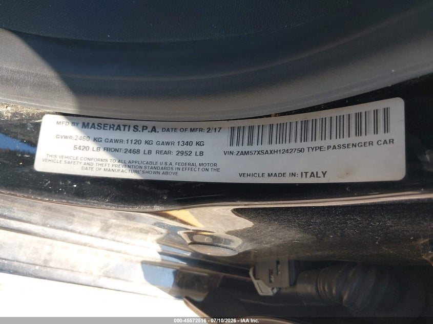 2017 Maserati Ghibli VIN ZAM57XSAXH1242750 IAAI salvage auction — NORMAL WEAR, Salvage (Tennessee), sold $3,050 on 2026-07-28 (photo 9)