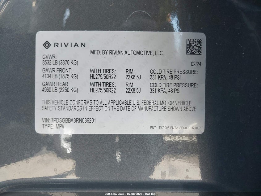 2024 Rivian R1s VIN 7PDSGBBA3RN036201 IAAI salvage auction — FRONT END, Salvage Title, sold $5,200 on 2026-09-08 (photo 9)