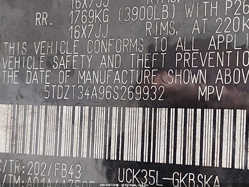 2006 Toyota Sequoia VIN 5TDZT34A96S269932 IAAI salvage auction — NORMAL WEAR, Original (Texas), sold $1,250 on 2026-07-28 (photo 9)