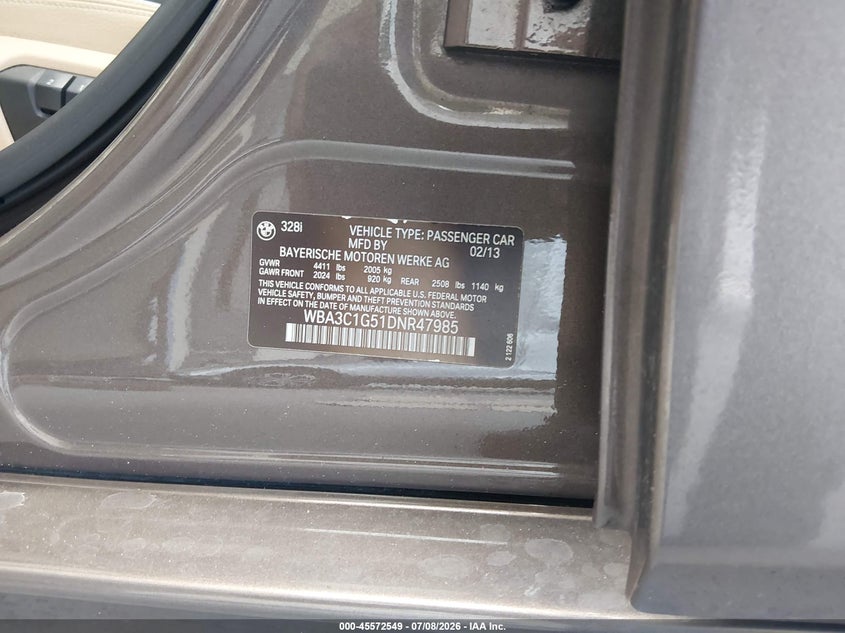 2013 BMW 3er VIN WBA3C1G51DNR47985 IAAI salvage auction — REAR END, Rebuildable (Florida), sold $25 on 2026-07-29 (photo 9)