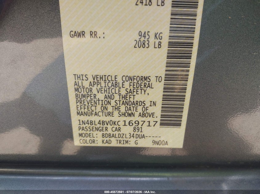 2019 Nissan Altima VIN 1N4BL4BV0KC169717 IAAI salvage auction — FRONT END, Salvage (Texas), sold $725 on 2026-09-10 (photo 9)