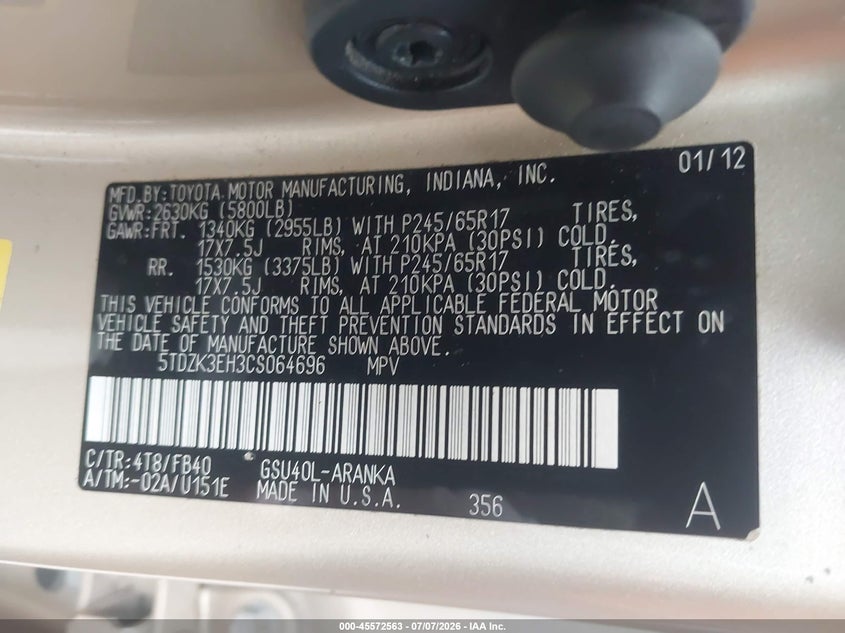 2012 Toyota Highlander VIN 5TDZK3EH3CS064696 IAAI salvage auction — NORMAL WEAR, Original (Texas), sold $1,625 on 2026-07-29 (photo 9)
